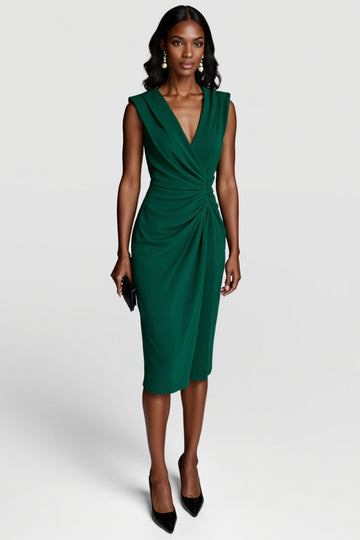 Dark Green Ruched V Neck Bodycon Midi Work Dress